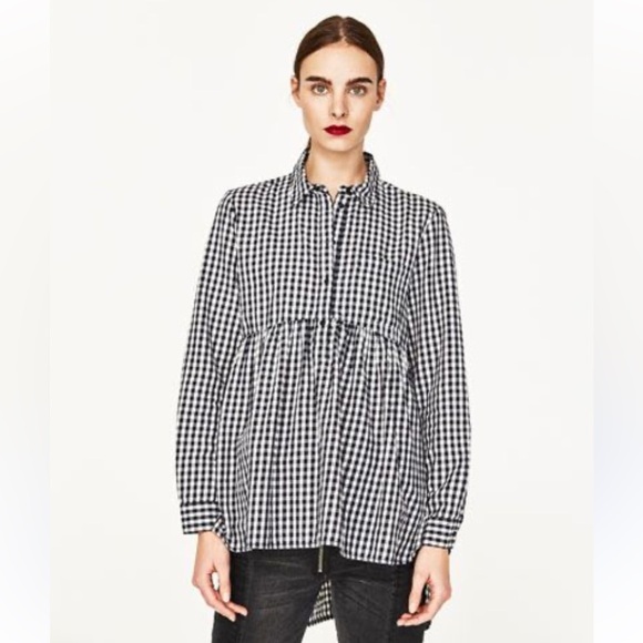 Zara Checkered Tunic High Low Buttoned Oversized Collared Cotton Top Size Small - Picture 1 of 9